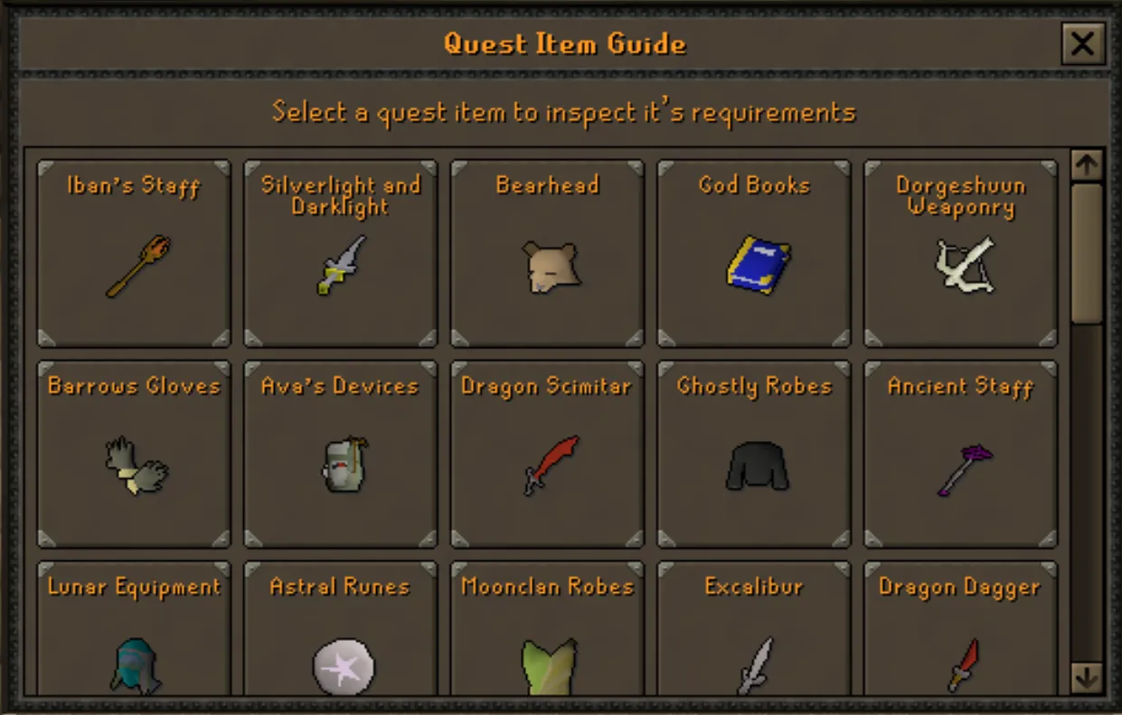 The Quest Item Guide interface listing every quest item
