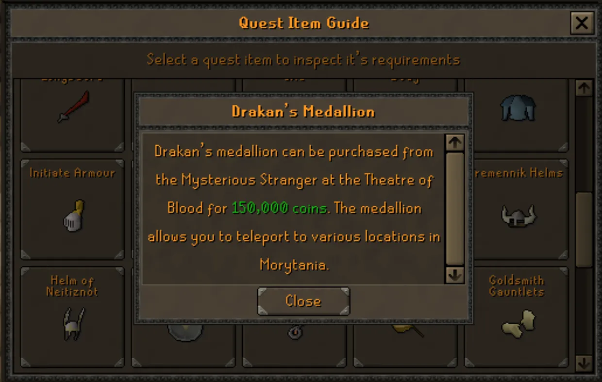 Selecting an item shows how to obtain it, such as Drakan's medallion